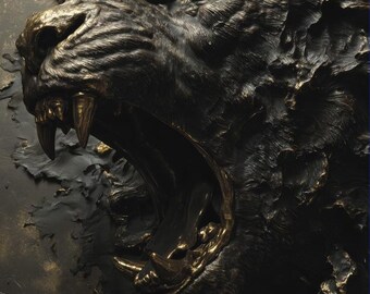 Dark Gold Roaring Lion Art – Sculptural Animal Texture Poster (digital download)