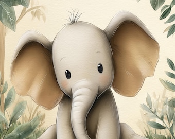Watercolor Baby Elephant Wall Art - Nursery or Kids Room Decor