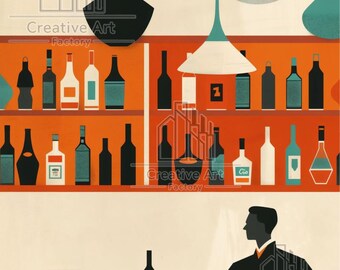 Mid Century Bar Art Print: Retro Cocktail Bottles in Warm Tones