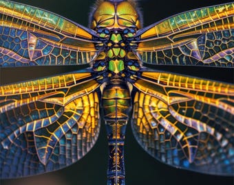 Lámina decorativa de libélula dorada – Póster macro metálico de insectos – Descarga de fotografía de naturaleza de lujo