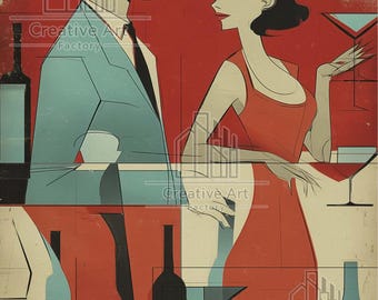 Retro Martini Bar Couple Art, Mid Century Style (Digital Download)
