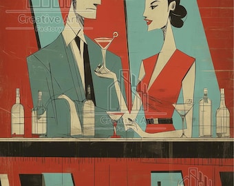 Mid Century Martini Bar Print - Retro Couple in 1950s Style