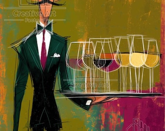 Waiter Wall Art: Vintage Wine Bar Illustration (Instant Download)