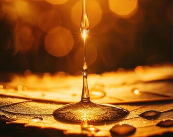 Golden Light Droplet – Autumn Leaf Macro Photography Print (Digital Download)