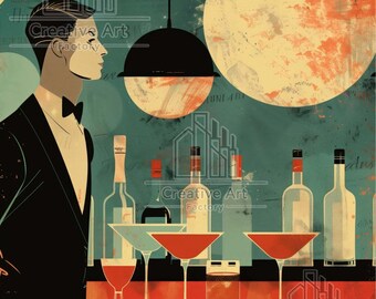 Mid Century Retro Bar Wall Art - Vintage Lounge Illustration