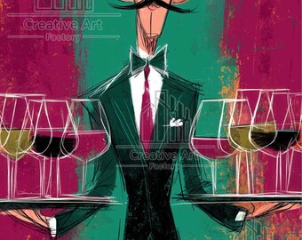 Wine Art Poster: French Waiter Illustration - Digital Download