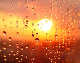 Sunset Rain Window Art – Warm Golden Bokeh Photography (digital download)