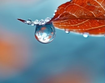 Gota de hoja azul y naranja – Arte mural macro de naturaleza (Descarga digital)