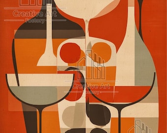 Mid Century Wine Bar Print - Retro Style Still Life Illustration