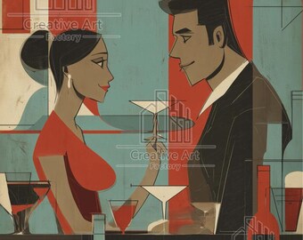 Retro Bar Illustration, Mid Century Couple Enjoying Martinis (Digital Download)