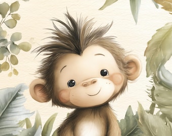 Nursery Wall Art: Cute Baby Monkey - Watercolor Digital Print