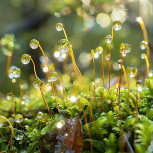 May include: Close-up of vibrant green moss with delicate, slender stalks, each topped with a glistening water droplet. The droplets reflect the surrounding environment, creating a captivating, natural scene. The image is illuminated by soft sunlight.