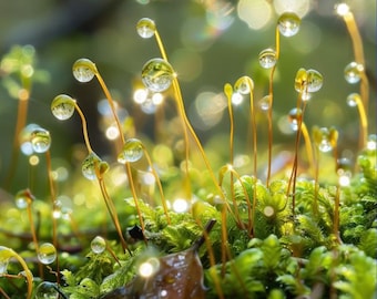 Sunlit Moss Dewdrops – Macro Nature Photography Print (Digital Download)