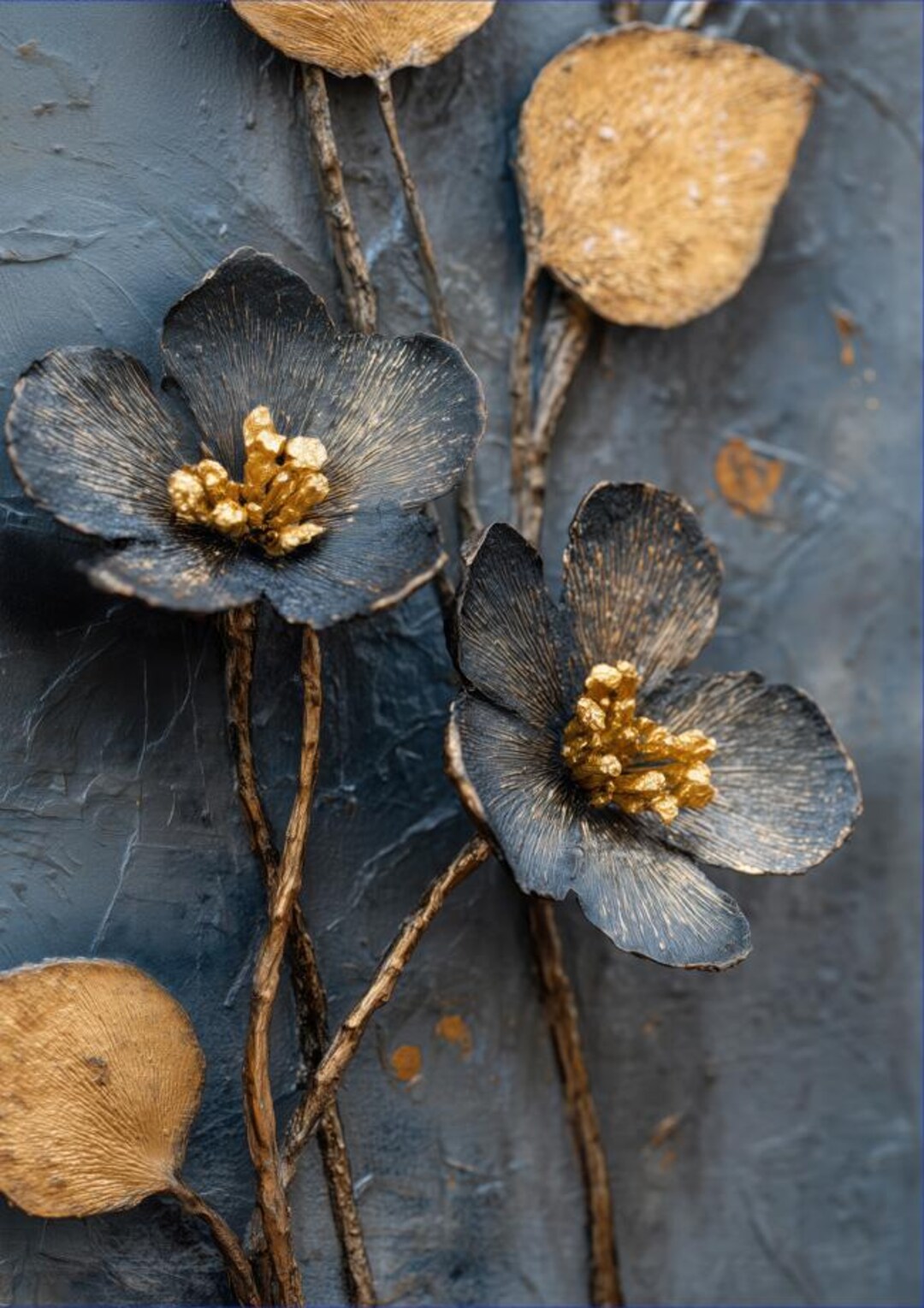Blue Gold Textured Flower Wall Art – Luxury Botanical Poster (digital ...