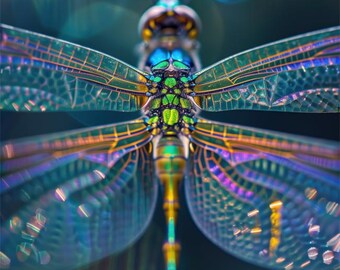 Lámina decorativa de libélula colorida – Póster de insecto macro – Descarga de fotografía de naturaleza vibrante