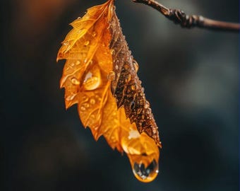 Arte de hojas doradas de otoño – Póster macro de naturaleza melancólica (descarga digital)