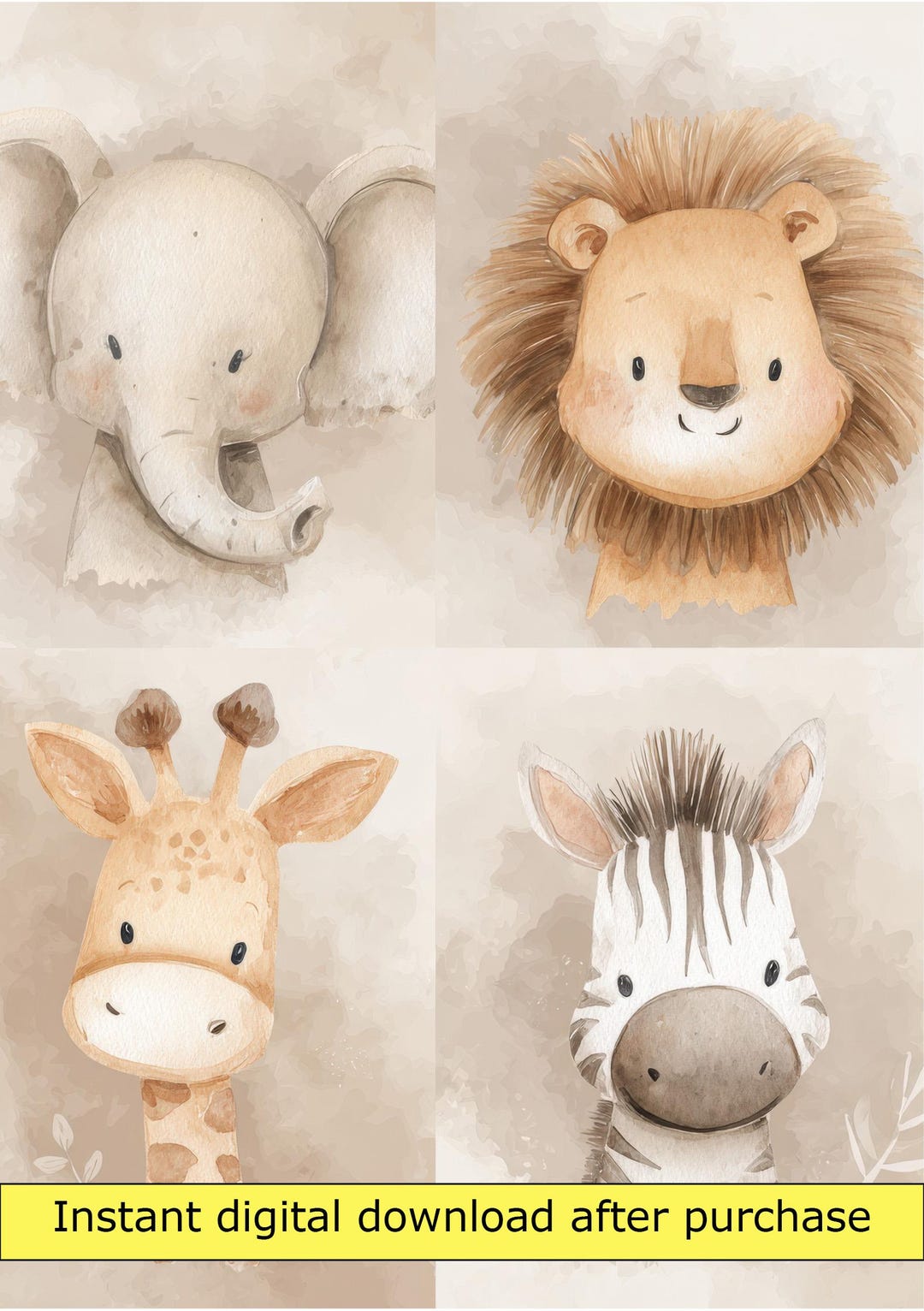 Safari Animal Nursery Prints - Soft Watercolor in Warm Neutral Colors ...