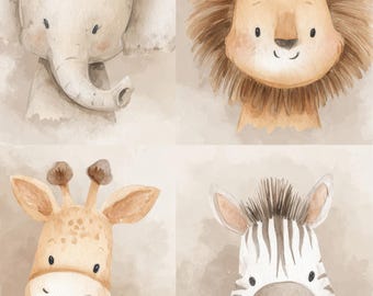 Safari Animal Nursery Prints - Soft Watercolor in Warm Neutral Colors