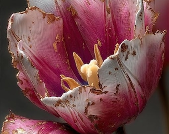 Lámina decorativa floral rosa y dorada con estampado de tulipanes (descarga digital)