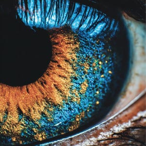 Puede incluir: Primer plano de un ojo humano con una paleta de colores llamativa. El iris presenta una mezcla de tonos azules y dorados, con una pupila oscura. Las pestañas son visibles encima del ojo. Estilo de fotografía macro.