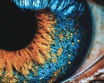 Arte de pared de ojo azul ámbar / Póster de fotografía macro de iris / Impresión digital