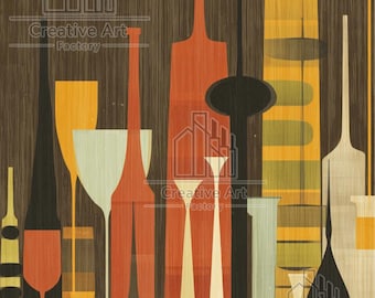 Mid Century Bar Illustration: Abstract Bottles and Glasses (Digital)