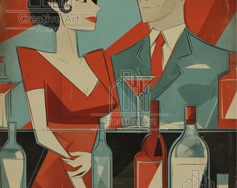 Mid Century Bar Art Print: Retro Couple with Cocktails