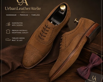 Handmade Men Brown Brogue Suede Lace Up Business Shoes.