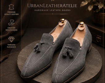 Handmade Men's Gray Suede Loafers, Slip-On Dress Shoes, Elegant Casual Formal Footwear, Stylish Business Shoes