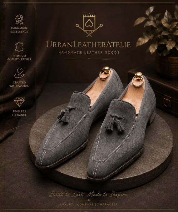 Handmade Men's Grey Suede Loafers, Slip-On Dress Shoes, Elegant Casual Formal Footwear, Stylish Business Shoes