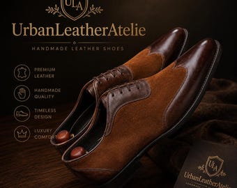 Handmade men brown leather and suede dress shoes, formal office wear shoes mens