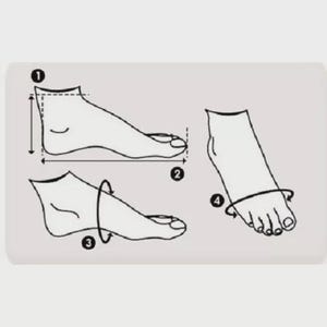 May include: Diagram illustrating foot measurement points. The image shows four numbered illustrations of a foot, indicating how to measure length, width, and circumference for shoe sizing. The diagrams are in black and white.