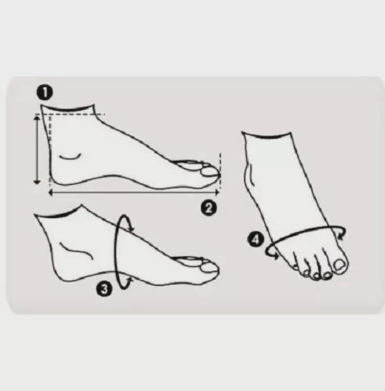 May include: Diagram illustrating foot measurement points. The image shows four numbered illustrations of a foot, indicating how to measure length, width, and circumference for shoe sizing. The diagrams are in black and white.