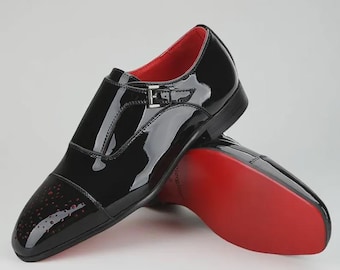 メンズ ブラック パテントレザー モンクストラップ レッドソール ドレスシューズ