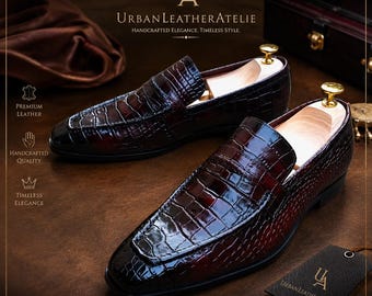 Handmade men brown crocodile moccasin, formal dress leather office shoes for men