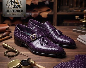 Men’s Purple Handmade Monk Strap Dress Shoes | Luxury Crocodile Textured Leather Formal Footwear | Handcrafted Goodyear Welted Shoes