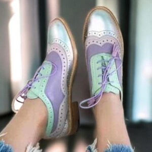 Handcrafted Women's Three Tone Oxford Lace Up Leather Shoes Wing Tip Brogue Shoe