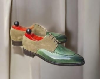 Handmade Green Leather & Suede Lace Up Dress Shoes, Office Shoes.
