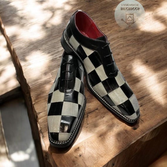 Handmade Men's Black & White Checkered Oxford Dress Shoes - Premium Leather Lace-Up Formal Office Footwear with Square Pattern Design
