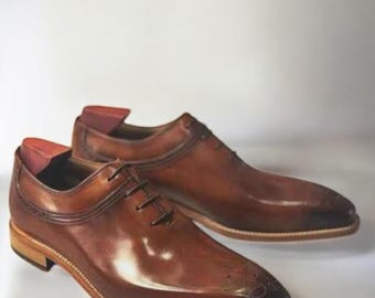 Handmade men brown stitched leather shoes, dress shoes mens.