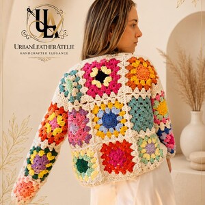 Handmade Women's Crochet Cardigan, Multicolored Granny Square Sweater, Heritage Patchwork Knit Jacket, Boho Vintage Layering Gift