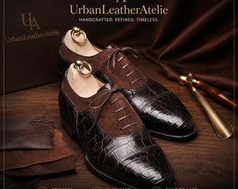 Handmade Brown Lace Up Crocodile Leather, Suede Dress Shoes, Formal Office Shoes