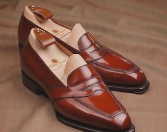 Handmade Leather brown Slip Ons Dress Shoe, office shoes for men