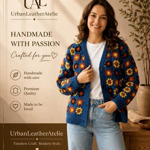 Handmade Women's Crochet Cardigan, Blue Sunflower Granny Square Sweater, Floral Button Front Knit Top, Boho Patchwork Jacket Gift