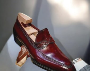 Scarpe eleganti da uomo fatte a mano in pelle bordeaux, scarpe da uomo in pelle, mocassini da ufficio