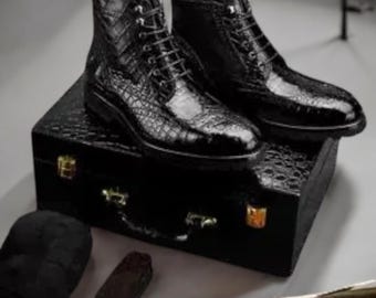 Handmade Men's Black Crocodile Leather Wingtip Boots, High Ankle Lace-Up Dress Boots, Luxury Formal Business Footwear