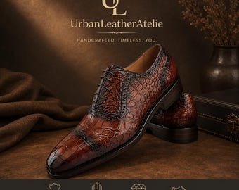 Handmade Men Shaded Brown Crocodile Leather Lace Up Business Shoes For Mens