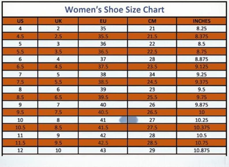 K&ouml;nnte beinhalten: Eine Damenschuhgr&ouml;&szlig;entabelle mit US-, UK-, EU-, CM- und Zoll-Ma&szlig;en. Die Tabelle umfasst Gr&ouml;&szlig;en von US 4 (21 cm) bis US 12 (29 cm), mit entsprechenden UK-, EU- und Zoll-Gr&ouml;&szlig;en.