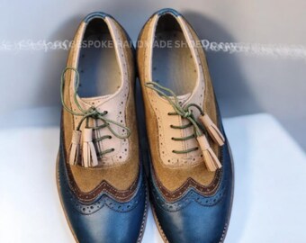 Driekleurige leren Oxford Wingtip Brogue-schoenen voor dames met kwastjes - handgemaakte veterschoenen, vintage Derby-stijl platte schoenen