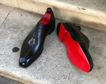 Handmade Men's Black Wholecut Oxford Shoes, Leather Brogue Dress Shoes, Red Sole Formal Footwear, Bespoke Custom Shoes